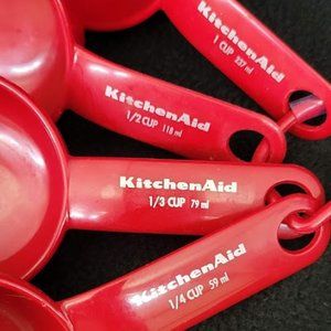 Red KITCHENAID Set of Four (4) Measuring Cups with holder/hanger - EUC